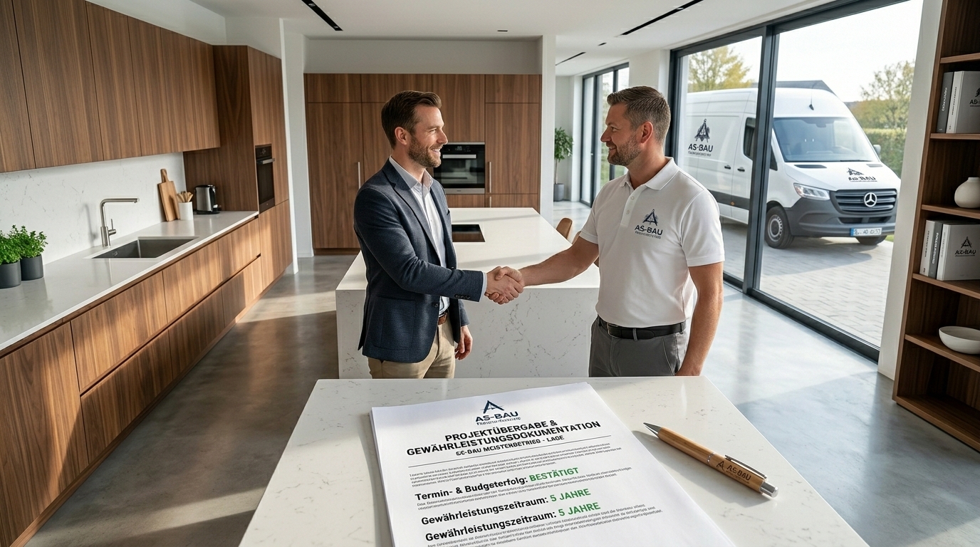 Zwei Männer schütteln sich die Hände in einer modernen Küche, im Vordergrund ein Dokument von AS-BAU mit Projektinformationen und Gewährleistungsdetails, im Hintergrund ein AS-BAU Lieferwagen.