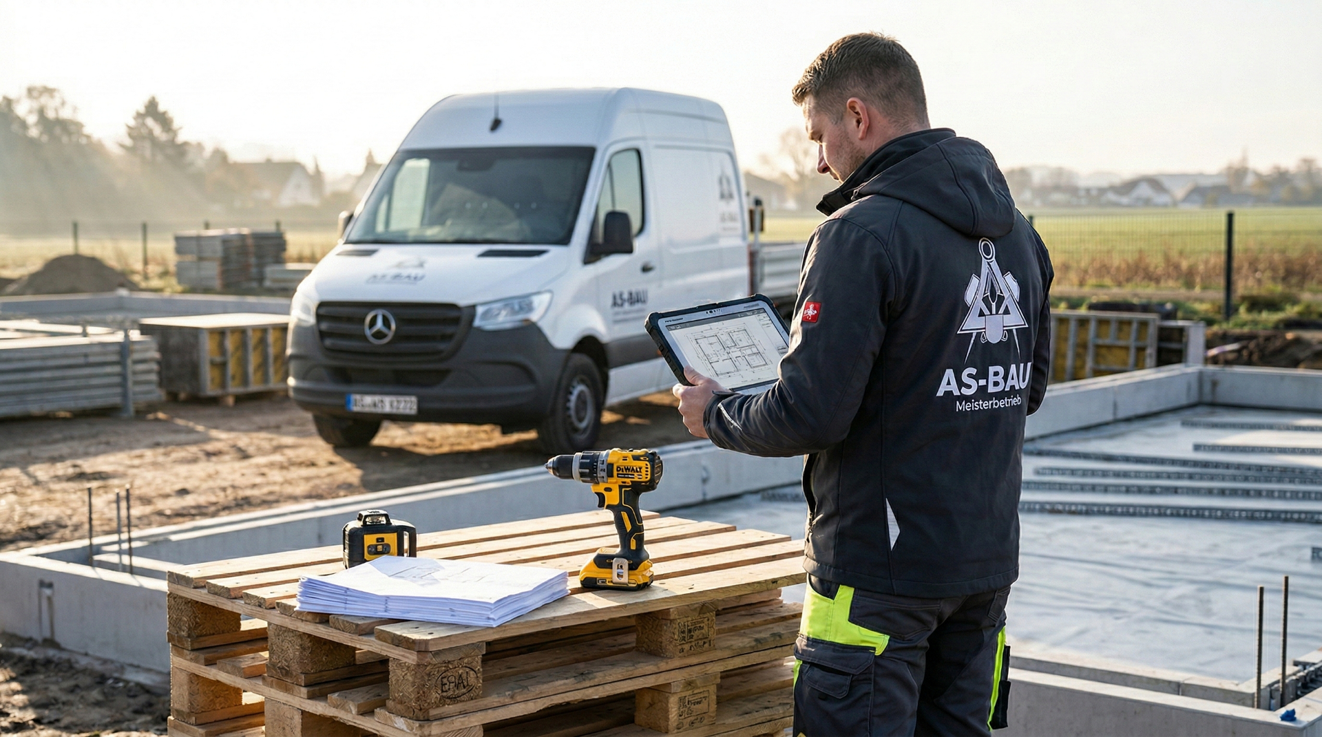 Fachkraft von AS-Bau mit Tablet und Bohrmaschine auf Baustelle, im Hintergrund Bauwagen und Fundamentarbeiten, symbolisiert professionelle Bauplanung und -ausführung.