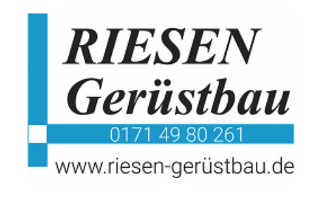 RIESEN Gerüstbau Logo mit Kontaktdaten und Website, relevante Partnerschaft für AS-Bau-OWL im Bauwesen.